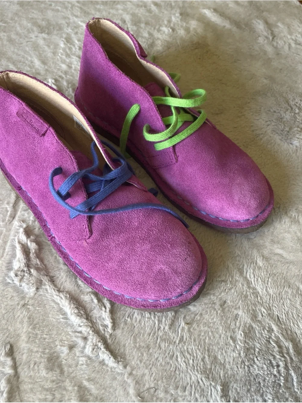 L.L. Bean Kids Fuchsia Suede Desert Boots with Blue and Green Laces